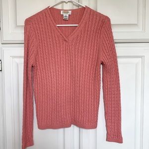 Talbots v-neck cable knit lightweight sweater. Peachy pink. Small petite.